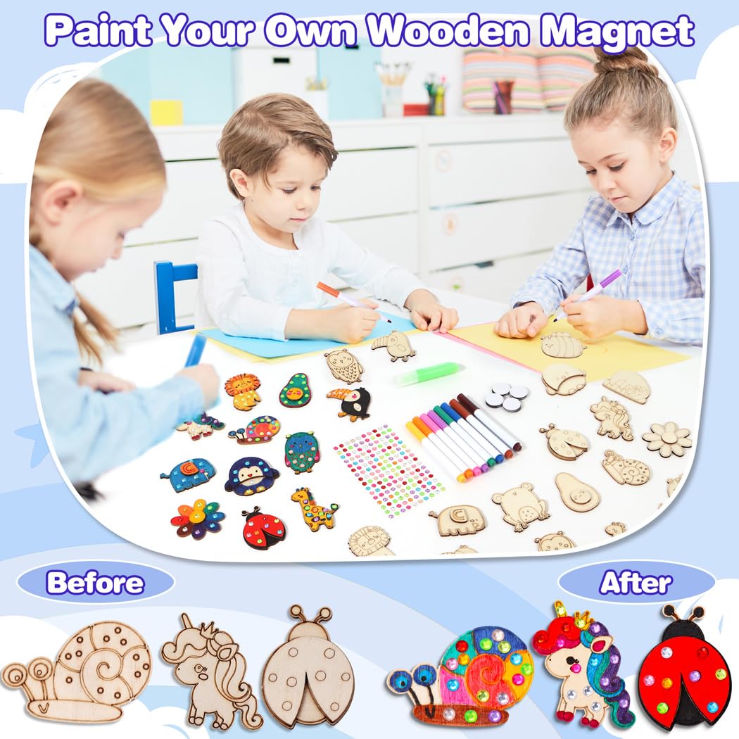 EAPHANT Kids Crafts, 15 PCS Arts and Crafts Painting Kits for Kids Activities Wooden Magnets to Paint EAPHANT
