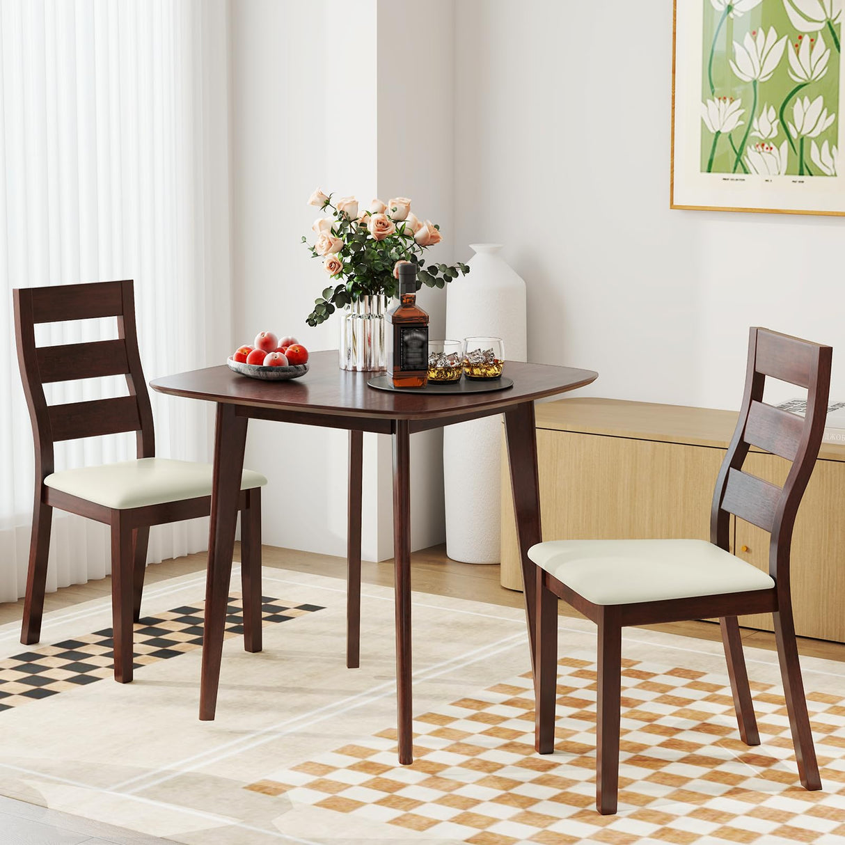 Giantex 3-Piece Dining Table Set for 2, Wooden Square Kitchen Table and 2 Chairs with Padded Seat, Ladder Back, Space-Saving Dinette Set for Small Spaces, Living Room, Dining Room Giantex