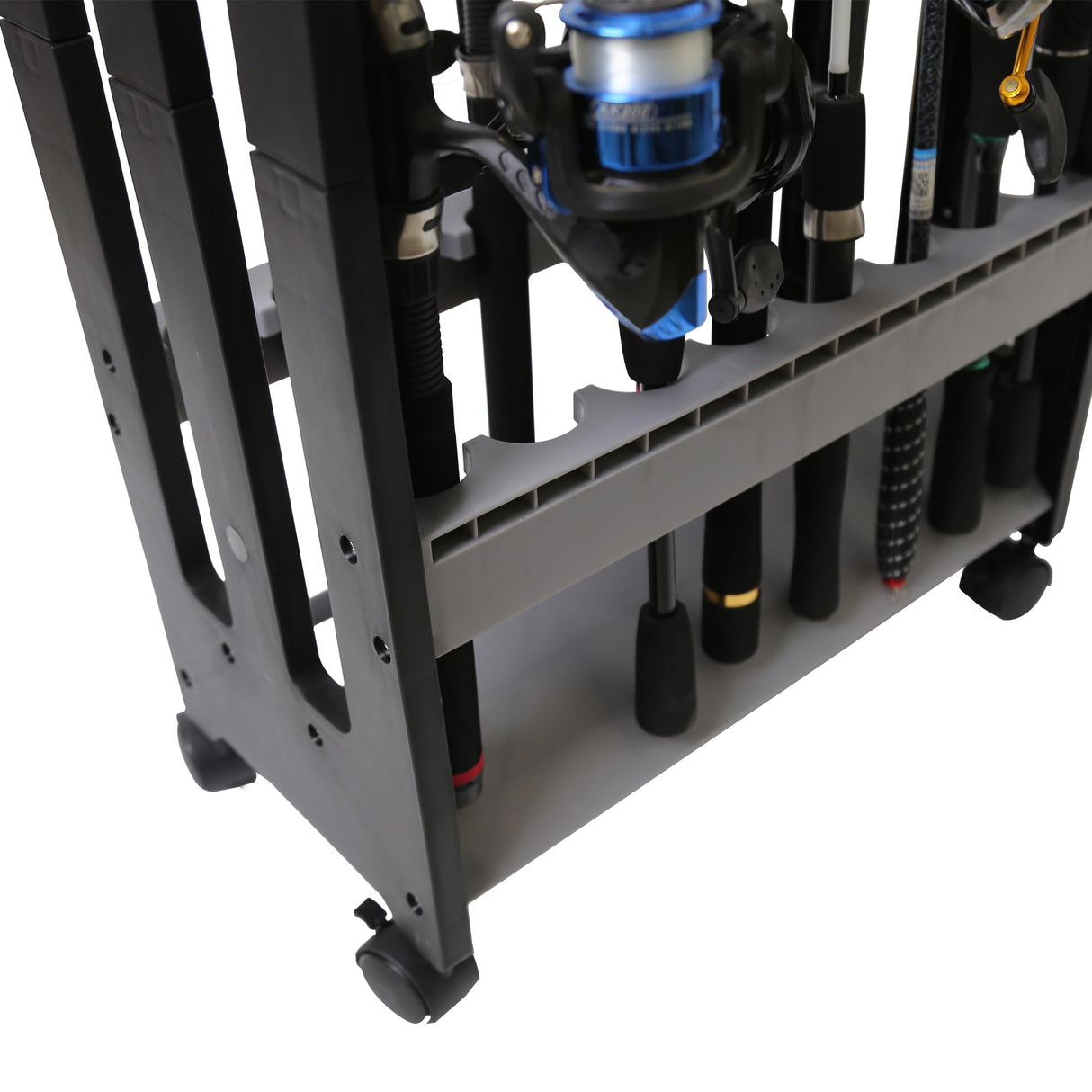 JOYWAVE Fishing Rod Holder,Fishing Pole Holders for Garage,Plastic Fishing Rod Rack,16-Slots,Portable Wheels JOYWAVE