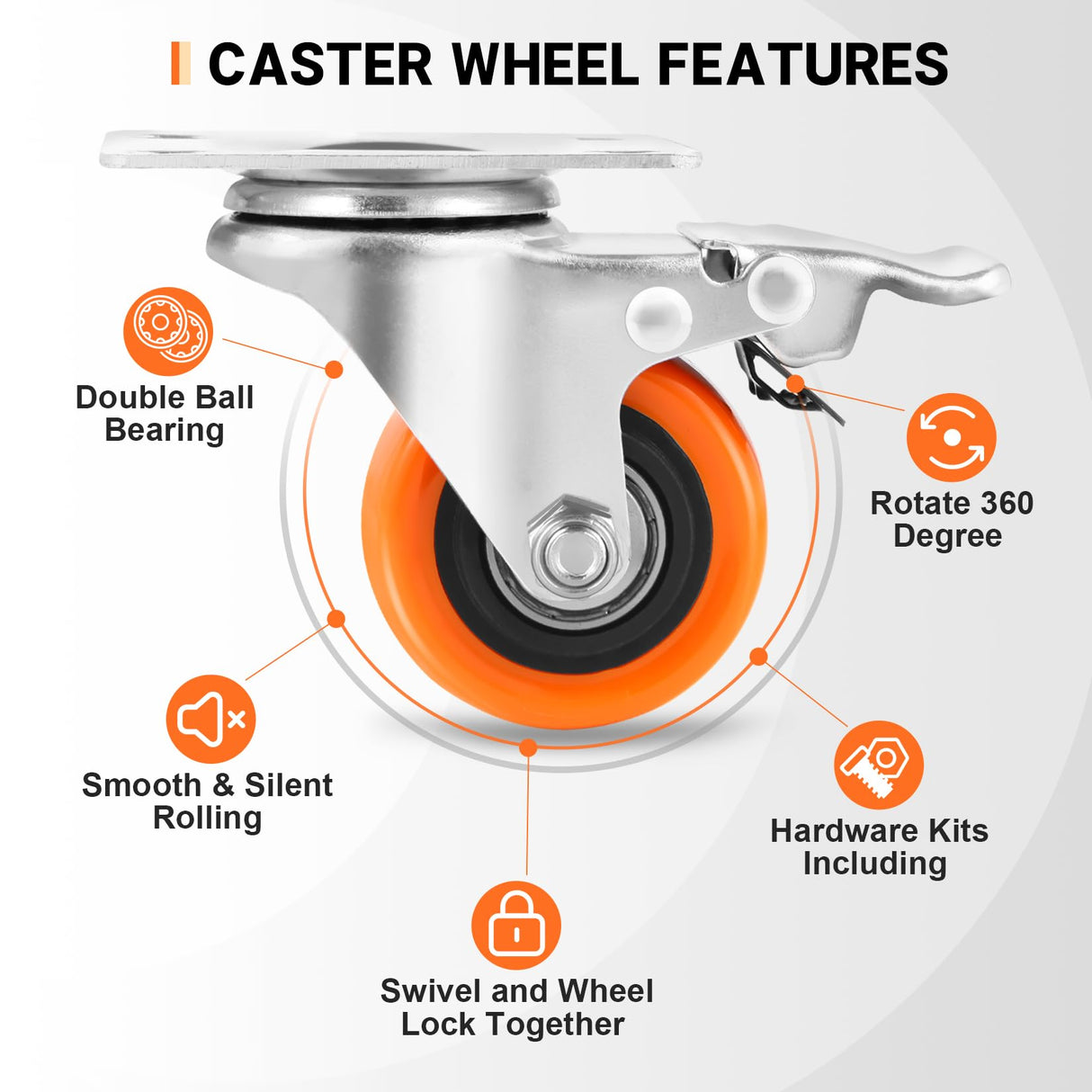 WBD 2" Plate Caster Wheels Set of 8, Heavy Duty Casters with Brake, 1200 Lbs, Safety Dual Locking, Industrial Swivel Top Plate Casters Wheels for Furniture, Carts (Screws and Screwdriver) W B D WEIBIDA