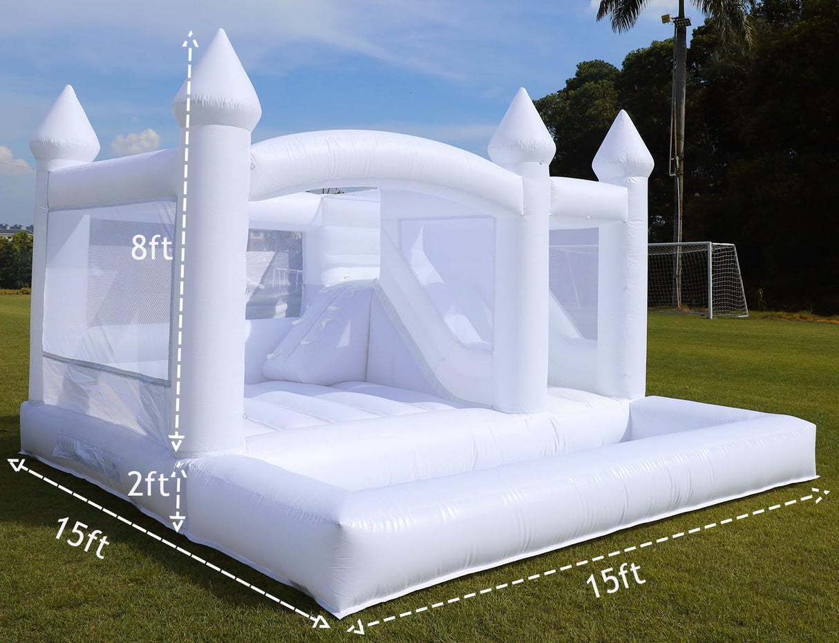 15x15FT White Bounce House Castle for Kids Adults, w/Slide & Ball Pit, (Heavy Duty PVC) (1100W Blower), Large Jumper Bouncy Inflatable Castle, Wedding, Birthday Party, Baptism, 15x15x10ft Inflantteble