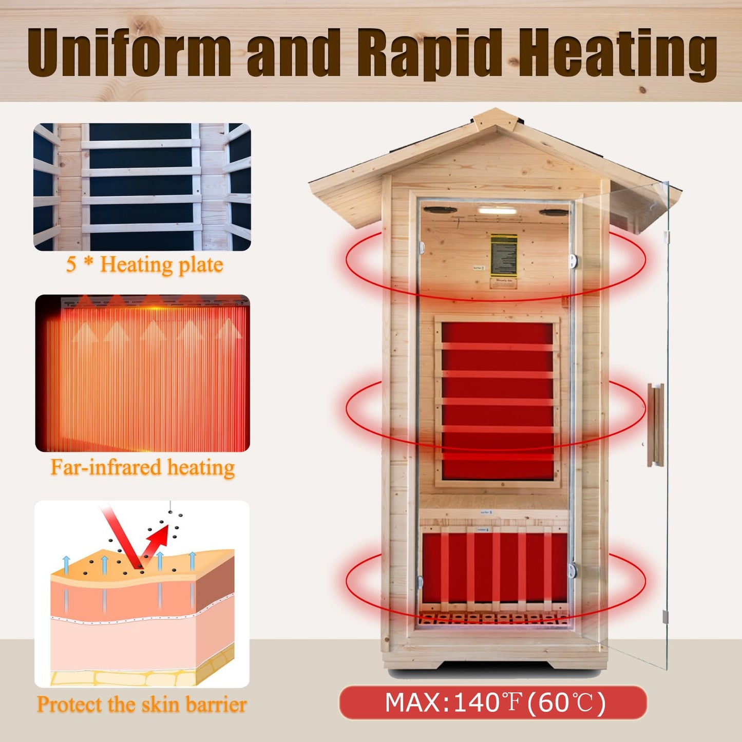 1 Person Far Infrared Home Sauna,Outdoor Indoor Wooden Dry Sauna Room with 5 Graphene Heating Panels,1400W/110V Tempered Glass Door, Oxygen Ionizer, 7 Chromotherapy Lights, Bluetooth Sound System