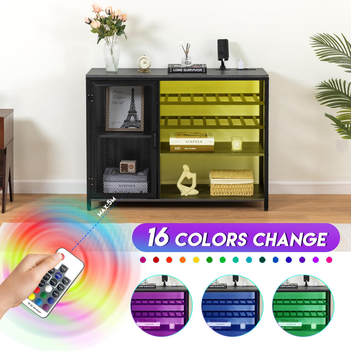 TopCity LED Industrial Wine Bar Cabinet Coffee Buffet Sideboard with Storage for Liquor and Glasses Wood Metal Sideboard with Wine Racks for Home Kitchen Dining (Gray, 43.31"*13.78"*32.87") TopCity