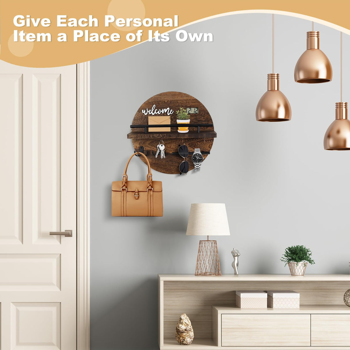 LEIRUOTM Key Holder for Wall, Key and Mail Holder Organizer with - Key Holder Wall Mount - Round Wooden Rustic Home Decor for Entryway, Mudroom, Hallway, Kitchen Office (Brown) LEIRUOTM