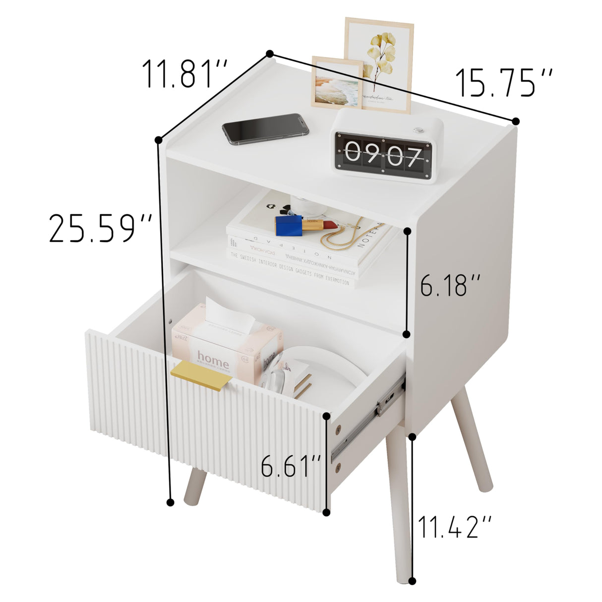 JOONEE White Nightstand,Modern Bedside Table with Storage Drawer and Open Wood Shelf, for Living Room, Bedroom and Small Spaces, Accent Night Stand with Solid Wood Legs, Easy Assembly,Classic White JOONEE