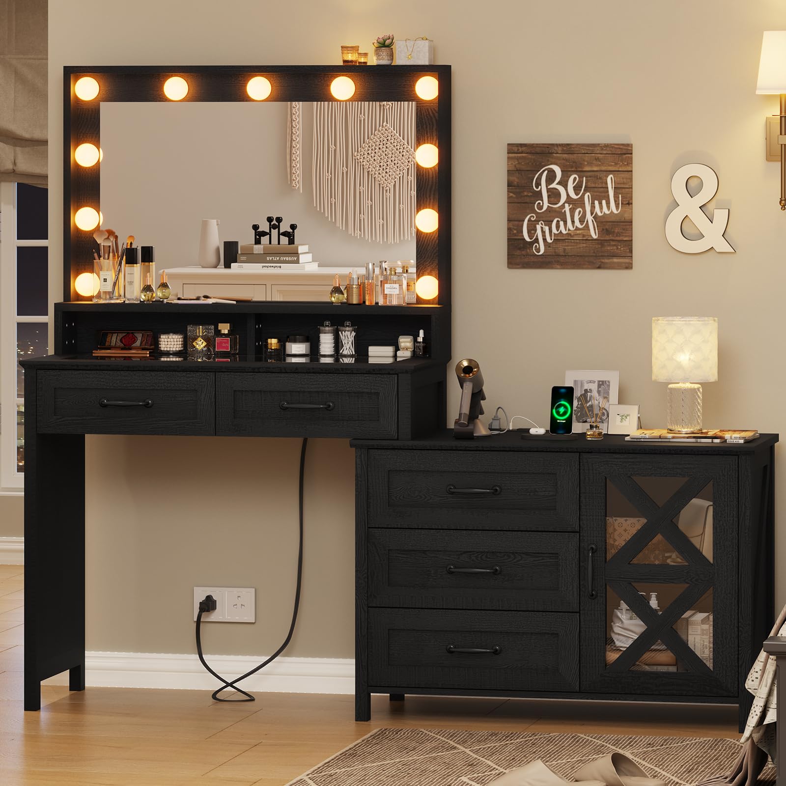 HAUOMS Farmhouse Vanity Makeup Desk with Mirror,Power Outlet and 11 Light Bulbs, Large Vanity Desk with Dersser,Makeup Table with Big Glass Desktop,5 - WoodArtSupply