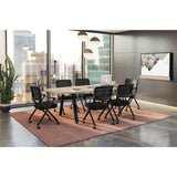 Modern Executive 10 ft Conference Table Wood Boat Shaped Laminated Natural Aspen Finish Metal V Legs Sleek Grommets Racetrack Desk Ports Black 2 Power Data Modules Meeting Boardroom Office Business WoodArtSupply