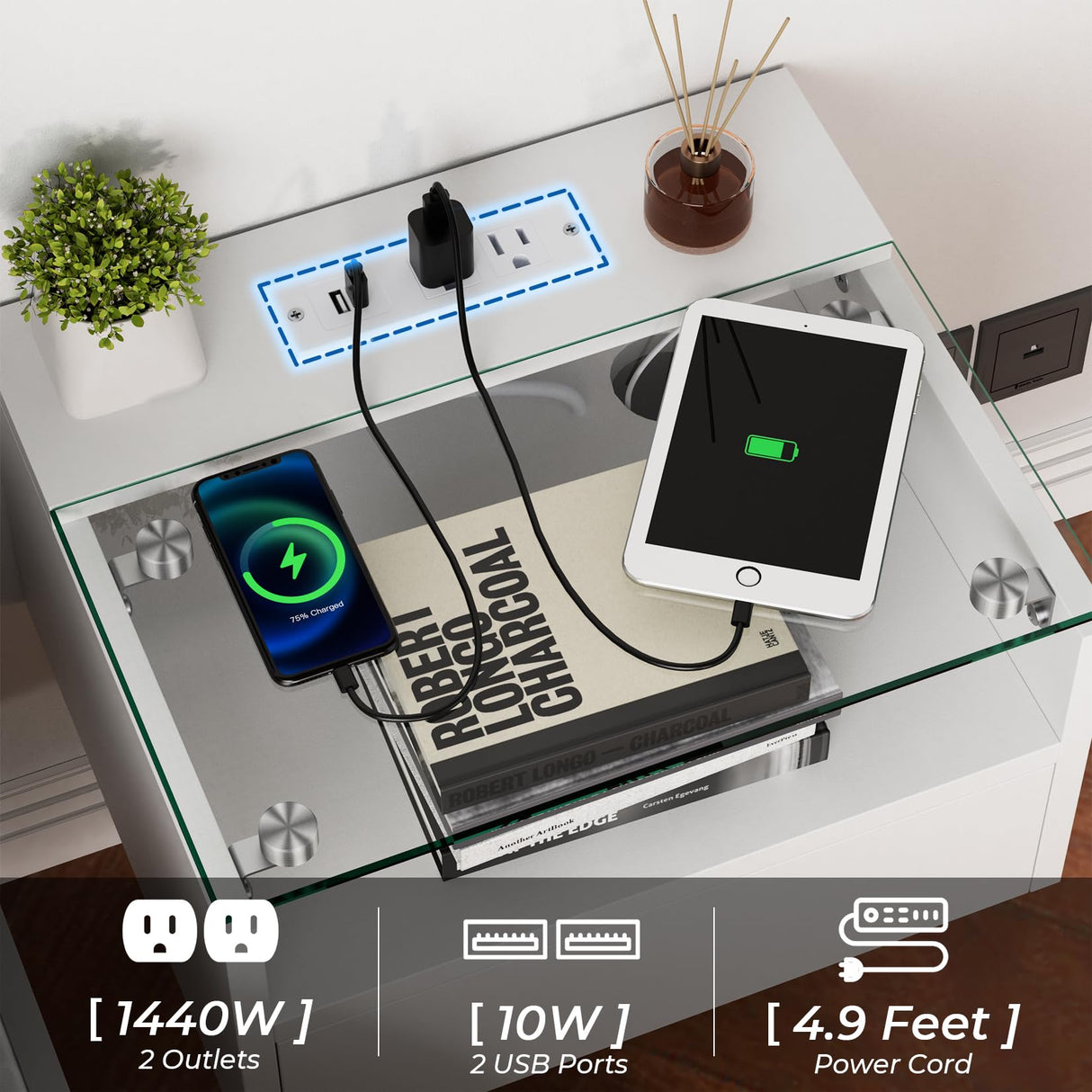 yacchi home Floating Nightstand Set with Charging Station, Floating Nightstand with Charging Station and LED, Night Stand for Living Room, Entryway Wall, Bedroom White Nightstand (1), FN864B1 yacchi home