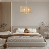 Rattan Woven Boho Chandelier Light Fixture for Dining Room 5 Light, 18.8'' Gold Hand Woven Drum Wicker Light Fixture Ceiling Hanging, Coastal Rattan Pendant Light for Living Room Entryway Bedroom Xurihuihuang