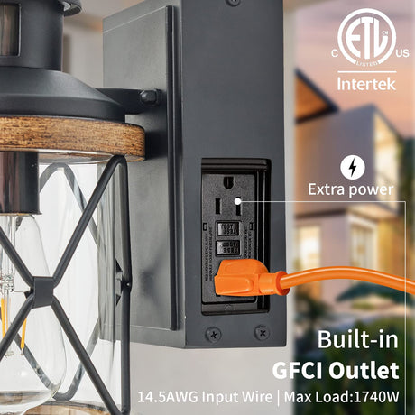 Dusk to Dawn Motion Sensor Outdoor Porch Light with GFCI Outlet,3 Lighting Modes Anti-Rust Waterproof Industrial Outdoor Lantern,UL ETL Listed,Exterior Work Lights Rustic Wood-Like Finish Wall Light Ejerlya