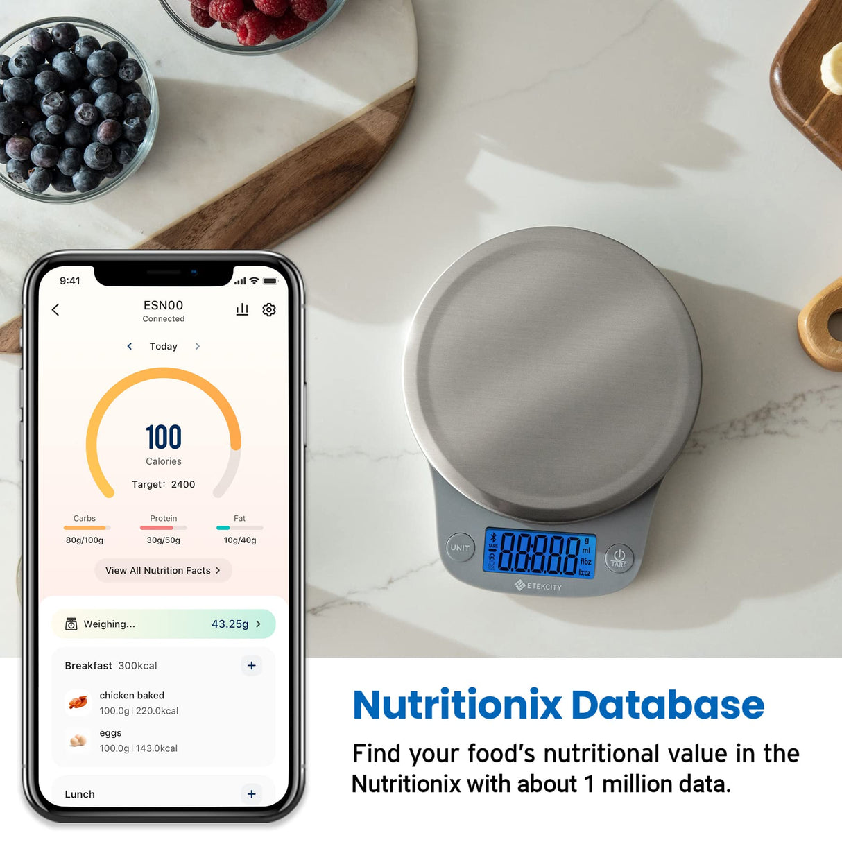 Etekcity Nutrition Smart Food Kitchen Scale, Digital Ounces and Grams for Cooking, Baking, Meal Prep, Dieting, and Weight Loss, 11 Pounds-Bluetooth, 304 Stainless Steel Etekcity