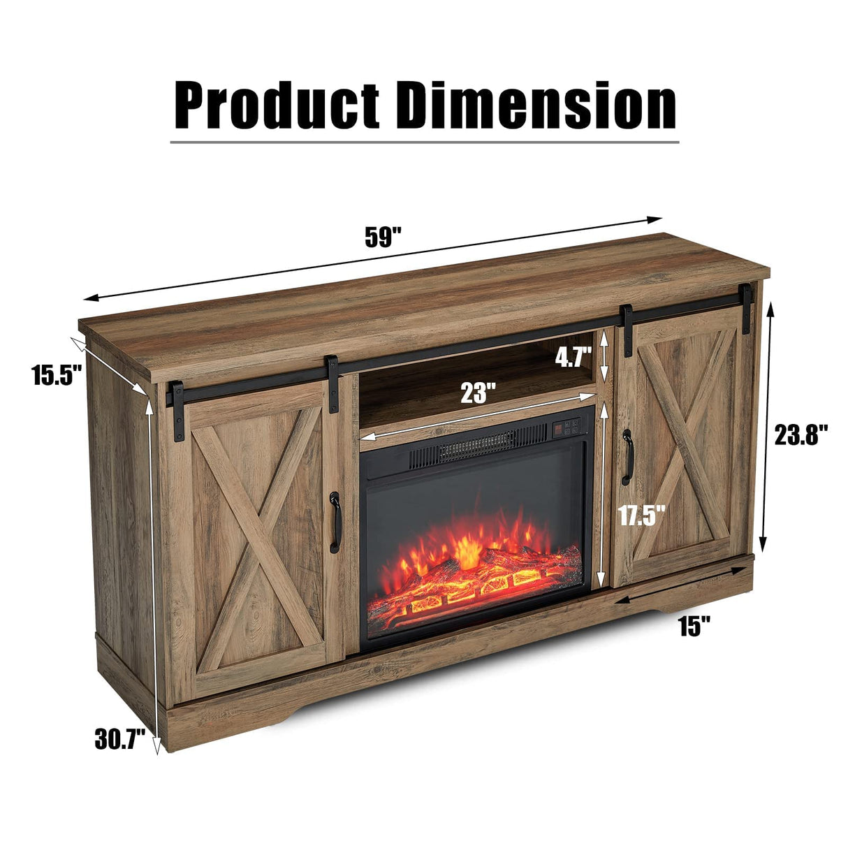 Fireplace TV Stand with Sliding Barn Door for TVs up to 65", Farmhouse 59" Fireplace Entertainment Center with Storage Cabinets/Adjustable Shelves, Dark Walnut AMERLIFE