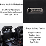THSUPER Power Breathable Leather Reclining Sofa with LED Light, Home Theater Seating Recliner Couch with Adjustable Headrest/Reading Light/USB Port/Storage Arm/Drop Down Table for Living Room, Black THSUPER