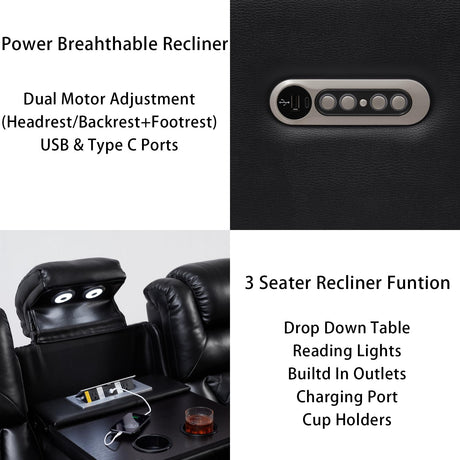 THSUPER Power Breathable Leather Reclining Sofa with LED Light, Home Theater Seating Recliner Couch with Adjustable Headrest/Reading Light/USB Port/Storage Arm/Drop Down Table for Living Room, Black THSUPER