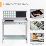 Outsunny Outdoor Wooden Potting Bench Table with Removable Sink, Garden Work Bench with Chalkboard, Drawer, Open Shelf Storage, Light Gray Outsunny
