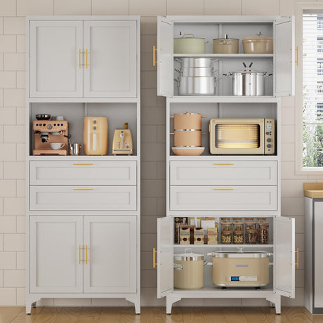 steelftyn 75" Pantry Storage Cabinet, Metal Storage Cabinet with 4 Doors, 2 Drawers, 3 Adjustable Shelves, White steelftyn