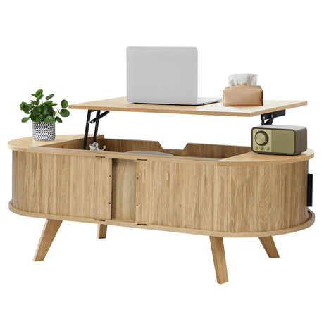 Bifins Lift Top Coffee Table with Storage,47.2" Oval Coffee Table with Sliding Tambour Door,Mid Century Modern Coffee Table with Lifting top for Living Room (Natural, Tambour Door) Bifins