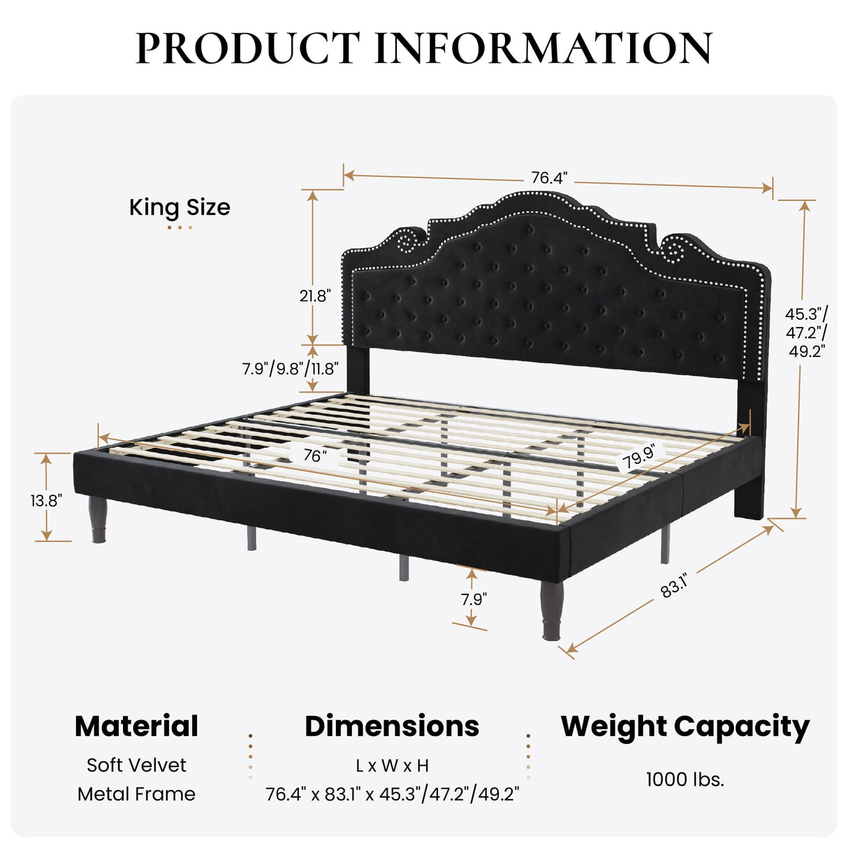 SHA CERLIN King Size Platfrom Bed Frame with Adjustable Headboard/Velvet Upholstered Diamond Button Tufted and Metal Studs/No Box Spring Needed/Easy Assembly/Wooden Slat Support/Black SHA CERLIN