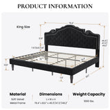 SHA CERLIN King Size Platfrom Bed Frame with Adjustable Headboard/Velvet Upholstered Diamond Button Tufted and Metal Studs/No Box Spring Needed/Easy Assembly/Wooden Slat Support/Black SHA CERLIN