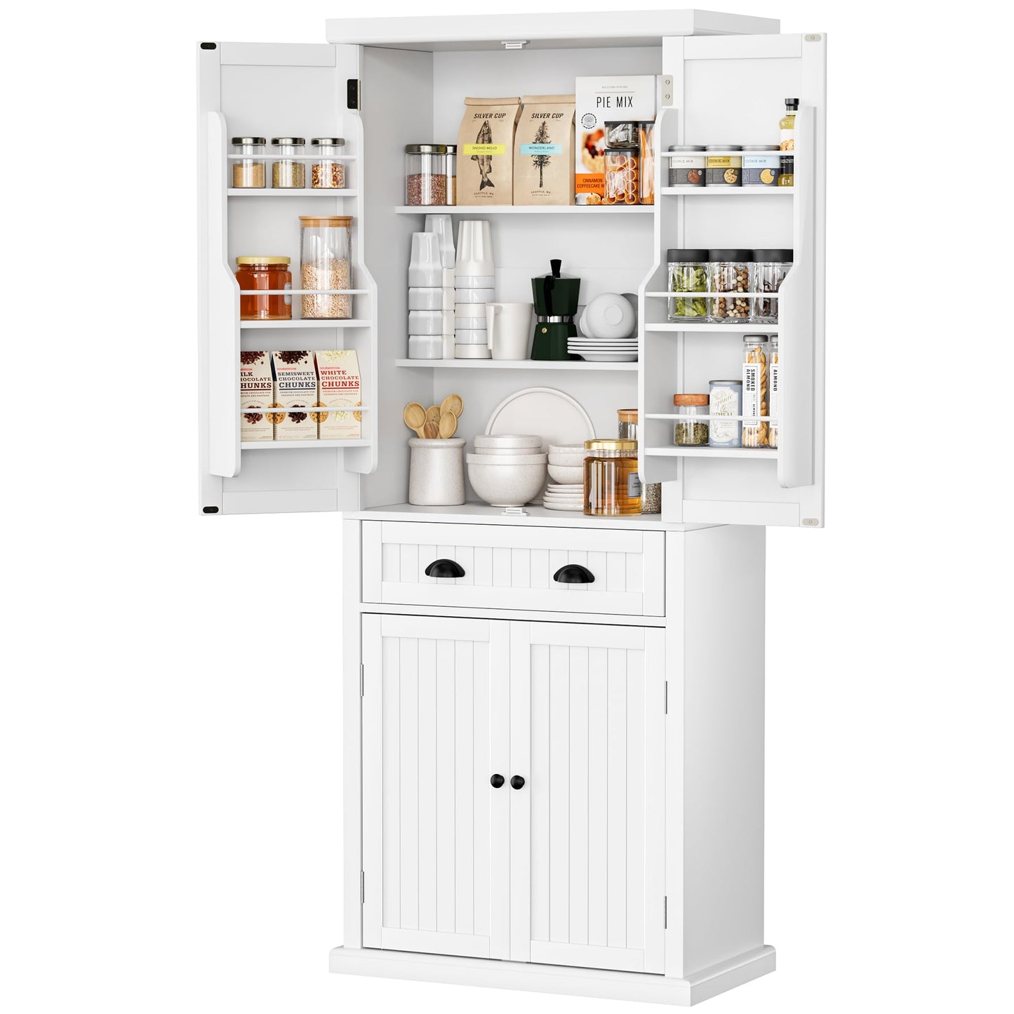 VVFLU Kitchen Pantry Storage Cabinet with Doors and Shelves, 72" Tall Cupboard Freestanding, Linen Utility Cabinet, 4 Doors, 1 Deep Drawer, Modern, for Dinning Room, Living Room, Laundry - WoodArtSupply