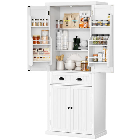 VVFLU Kitchen Pantry Storage Cabinet with Doors and Shelves, 72" Tall Cupboard Freestanding, Linen Utility Cabinet, 4 Doors, 1 Deep Drawer, Modern, for Dinning Room, Living Room, Laundry VVFLU
