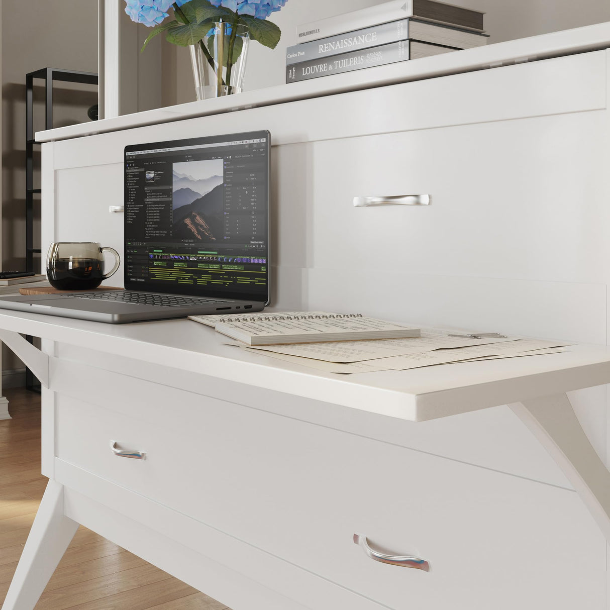 AFI, Northampton Full Size Murphy Bed Desk with Memory Foam 6" Mattress and Built-in USB Charger, White AFI