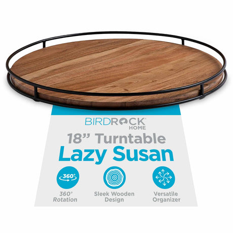 BIRDROCK HOME Wooden Lazy Susan Turntable - Countertop, Cabinet, and Table Organizer, Smooth Rotating Spice Rack, Iron-Edged Tray for Kitchen, Pantry and Dining, Rustic Wood Decor - Espresso, 18" BIRDROCK HOME