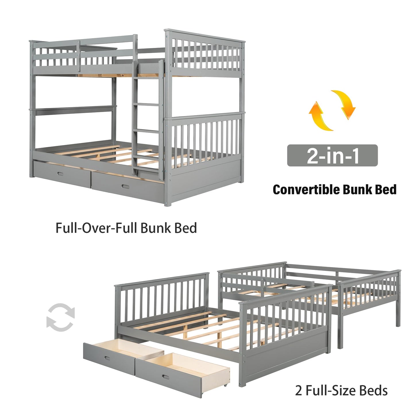 Merax Grey Solid Wood Convertible Bunk Bed with Storage Drawers and Ladders, Full Over Full - WoodArtSupply