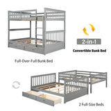 Merax Grey Solid Wood Convertible Bunk Bed with Storage Drawers and Ladders, Full Over Full Merax