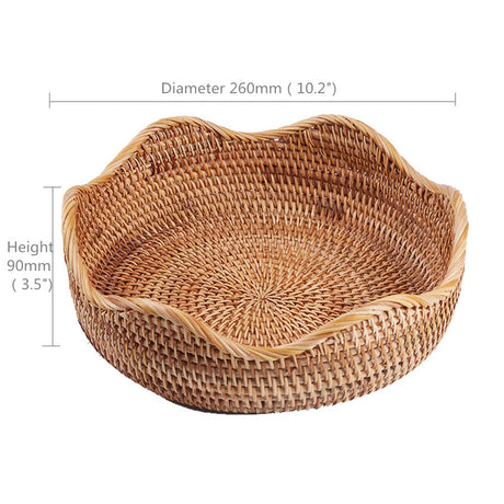 AMOLOLO Handmade Rattan Round Fruit Basket Food Storage Bowls Kitchen Organizer Snack Serving Bowl Wavy Edge Circle Tray Basket, Boho Home Décor Display Tray for Table, Dining Room (Medium 10.2") amololo