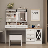 amzzar Farmhouse Vanity Desk with Sliding Lighted Mirror, White Makeup Vanity Table with Drawers and Side Storage, Large Dressing Table Vanity Set with Stool and Charging Station for Bedroom amzzar