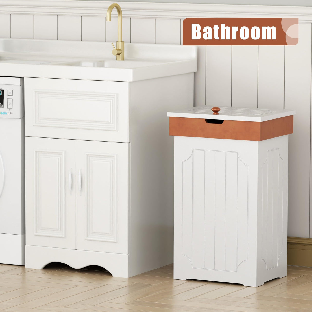 Function Home Trash Can Cabinet, 13 Gallon Kitchen Garbage Can, Wooden Recycling Trash Bin, Dog Proof Trash Can, Trash Cabinet with Lid for Home Kitchen Bathroom, White Function Home