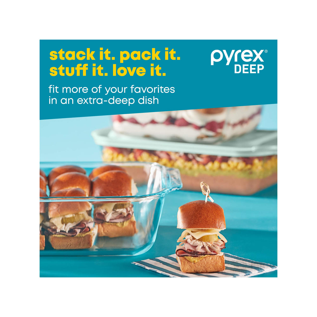 Pyrex Deep 3-Pack Glass Baking Dish Set (9"x13", 7"x11", 8"x8") With BPA-Free Lids, Rectangular Glass Bakeware, Dishwasher, Microwave, Freezer & Pre-Heated Oven Safe Pyrex