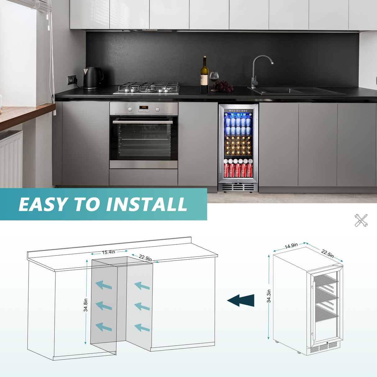 EUHOMY 15 Inch Beverage Refrigerator Cooler Under Counter 127 Cans Beverage Fridge Built-in or Freestanding with Glass Door, LED Light, Beer Fridge for Soda, Water, Wine - Home Kitchen Bar. EUHOMY