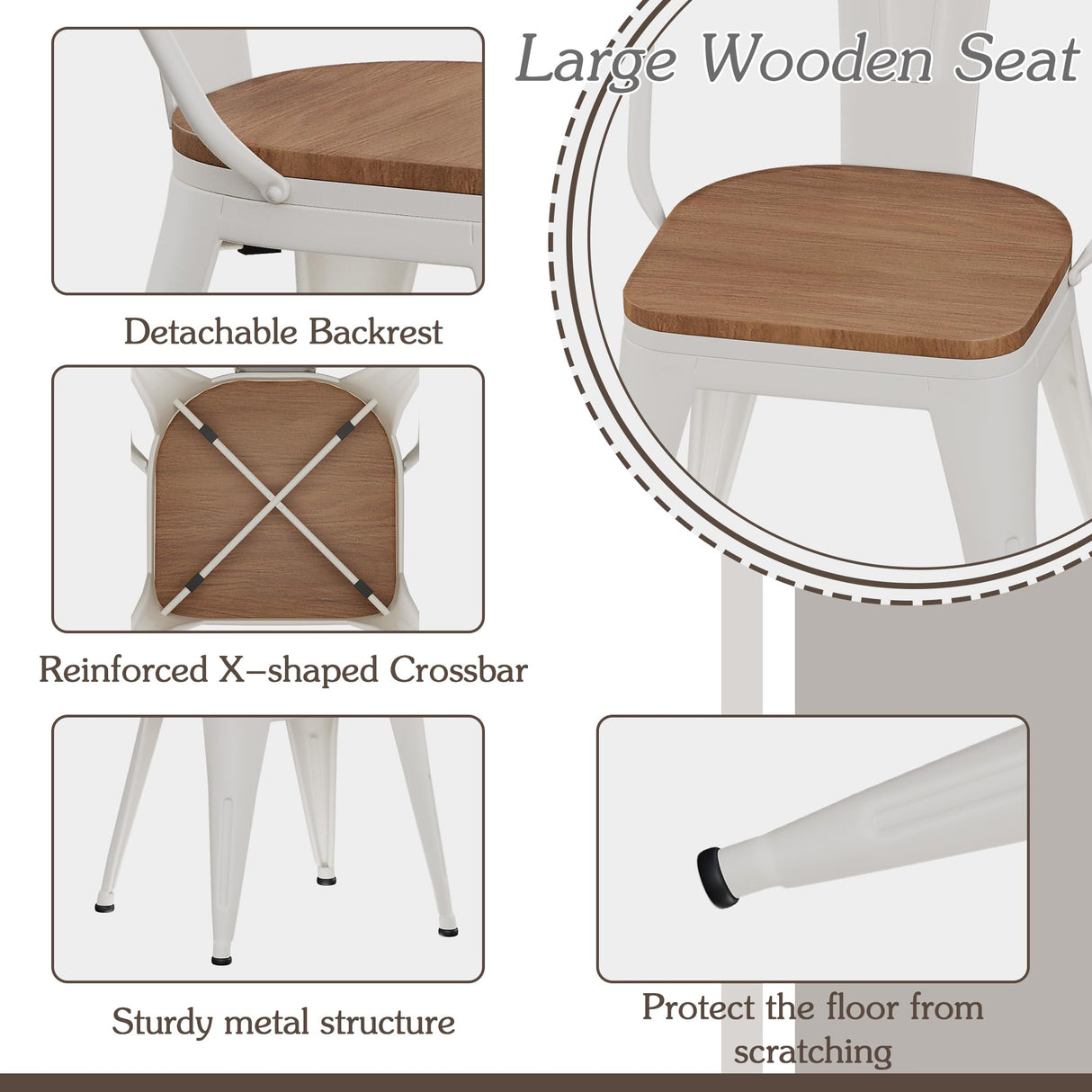 Alunaune 18inch Metal Dining Chair Set of 4 High Back Classic Chic Iron Farmhouse Chairs Industrial Stackable Coffee Stools Bistro Cafe Side Barstools Wood Seat-White Alunaune