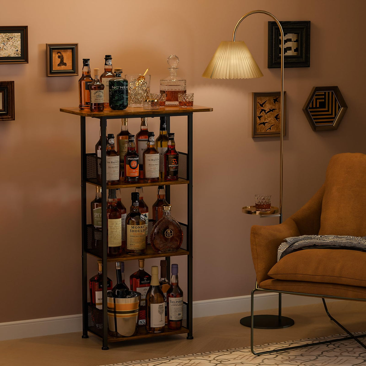 Eyteenokk Wine Rack Freestanding Floor:4 Tier Whiskey Wine Rack Mini Bar Cart,Liquor Cabinet-Home Bar for Bottles,Cocktail Shaker,Mugs-(23.6 * 11.8 * 40inch) Eyteenokk
