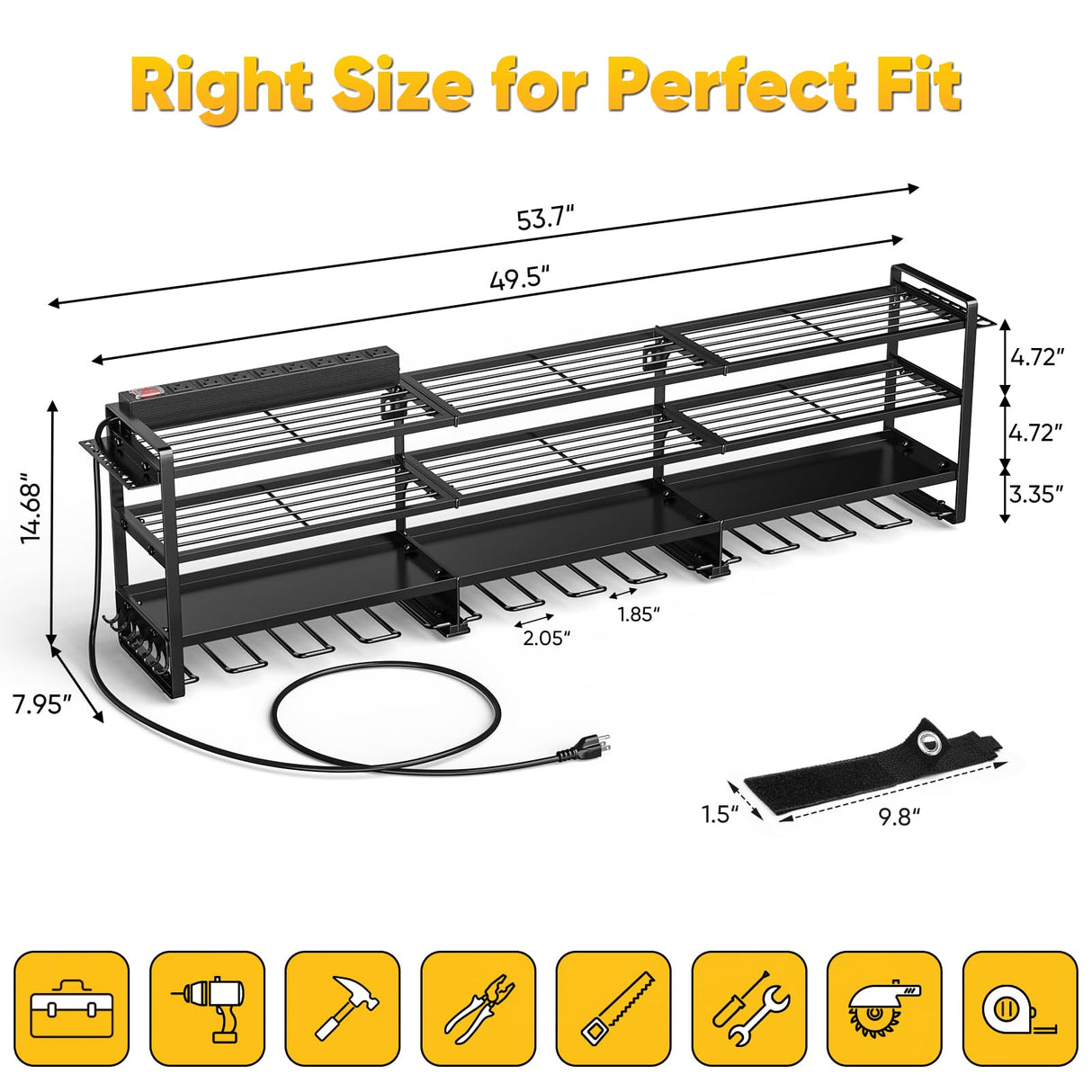 POKIPO 49.5" W Large Power Tool Organizer Wall Mount with Charging Station, 4-Tier Heavy Duty12 Cordless Drills Holder Load 600 lb, Tool Battery Storage Rack Built in 8 Outlet Power Strip for Garage POKIPO