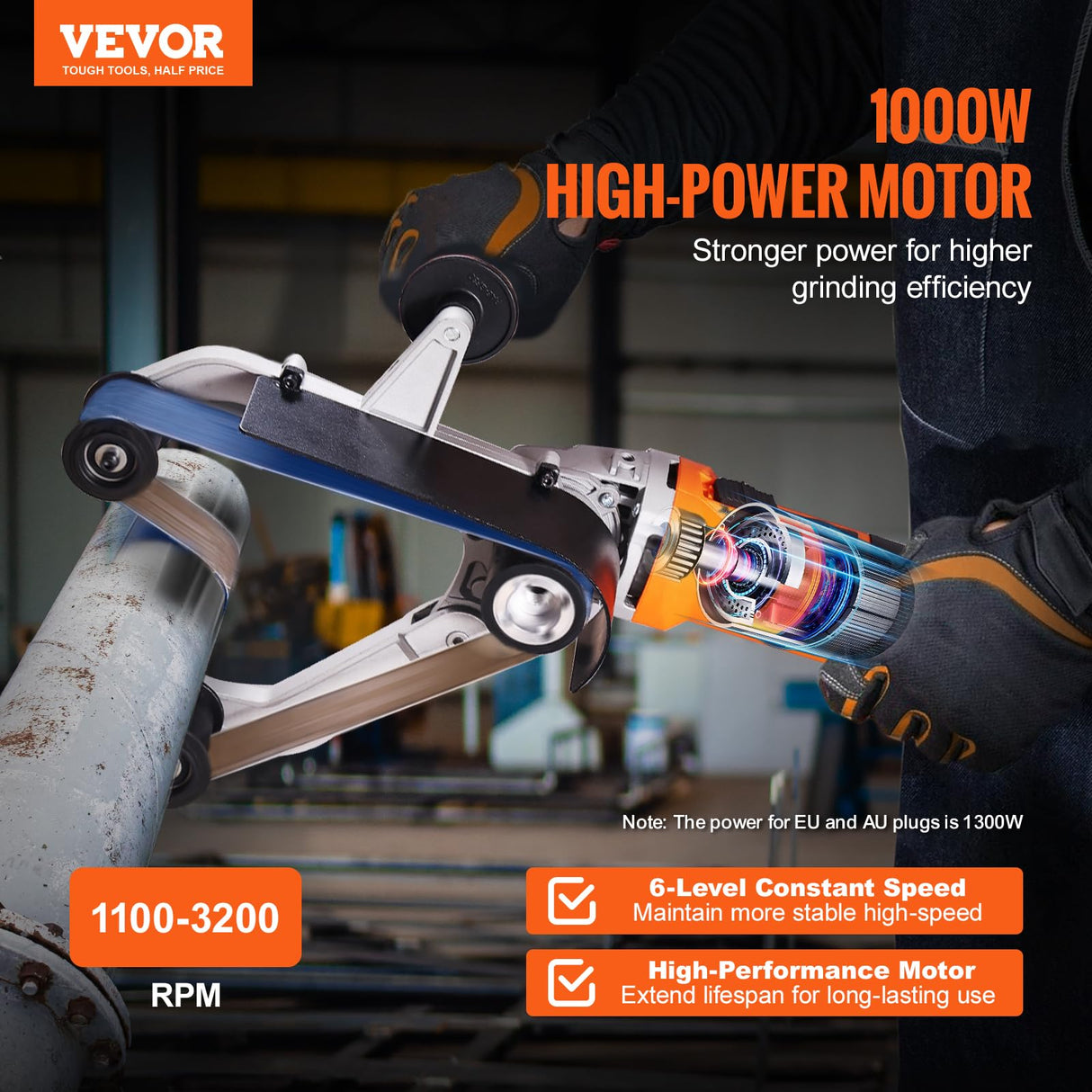 VEVOR Pipe Tube Polisher Sander, 1000W Pipe Belt Sander with 6 Variable Speeds 1100-3200rpm, Professional Belt Sander Grinding Machine with 50PCS VEVOR