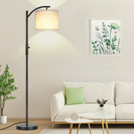Dimmable Floor Lamp, Arc Floor Lamps for Living Room, Stepless Dimming Modern Standing Lamp with Linen Shade, Tall Lamp for Bedroom Office Dining Room- Black ROTTOGOON