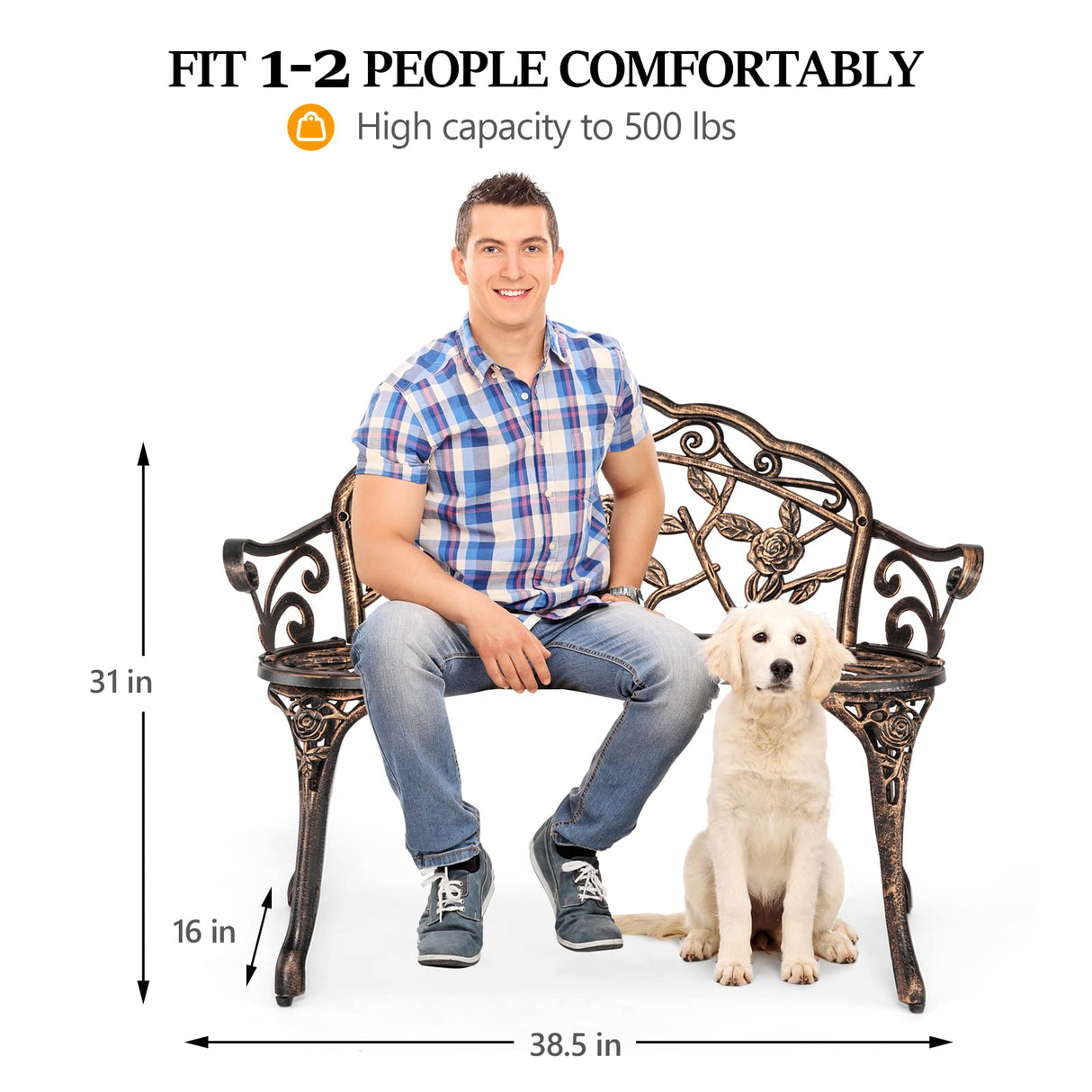 VINGLI 38.5" Patio Park Garden Outdoor Metal Rose Bench,Cast Iron Cast Aluminium Frame Antique Finish Chair,Accented Lawn Front Porch Path Yard Decor Deck Furniture for 2 Person Seat（Bronze VINGLI