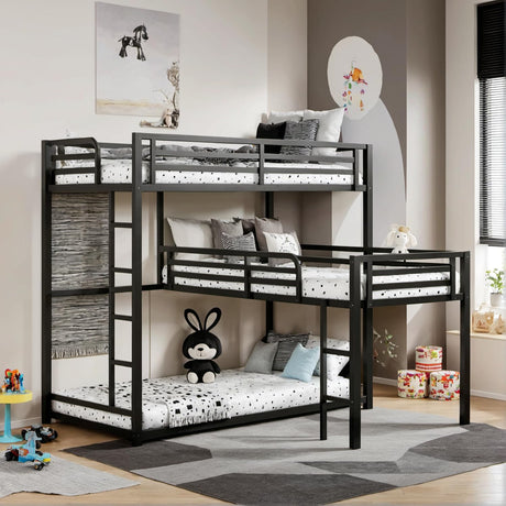 PVWIIK Full Triple Bunk Bed with Side Ladder & Guardrails for Dorm,Bedroom,Guest Room,Metal Full Triple Bunk Bed for Adult,Kids,Reinforcement Design,Space Saving Design,No Box Spring Needed, Black PVWIIK