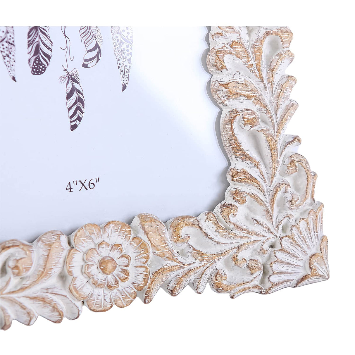 NIKKY HOME Farmhouse Boho Style Floral Picture Frame 4x6 Rustic Resin Photo Frame with Distressed White Finish, High Definition Glass for Table Top Display NIKKY HOME