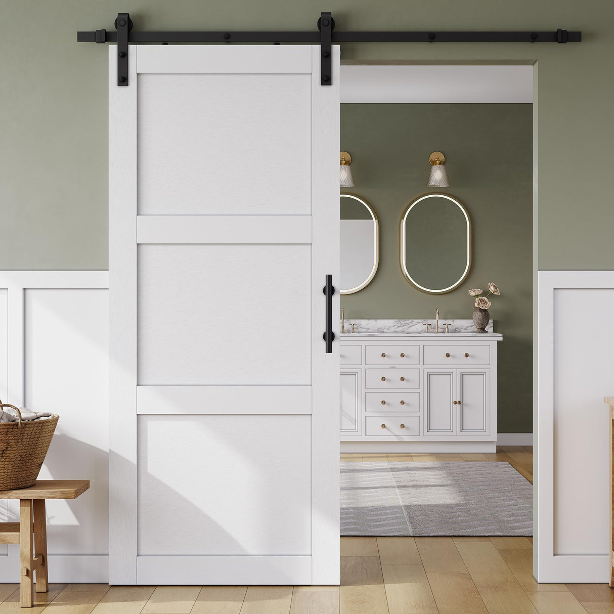 SmartStandard 36in x 84in Sliding Barn Door with 6.6FT Barn Door Hardware Track Kit & Handle, Waterproof PVC Surface, Pre-Drilled Holes Easy to Assemble, White, Solid, MDF, 3 Panel SMARTSTANDARD