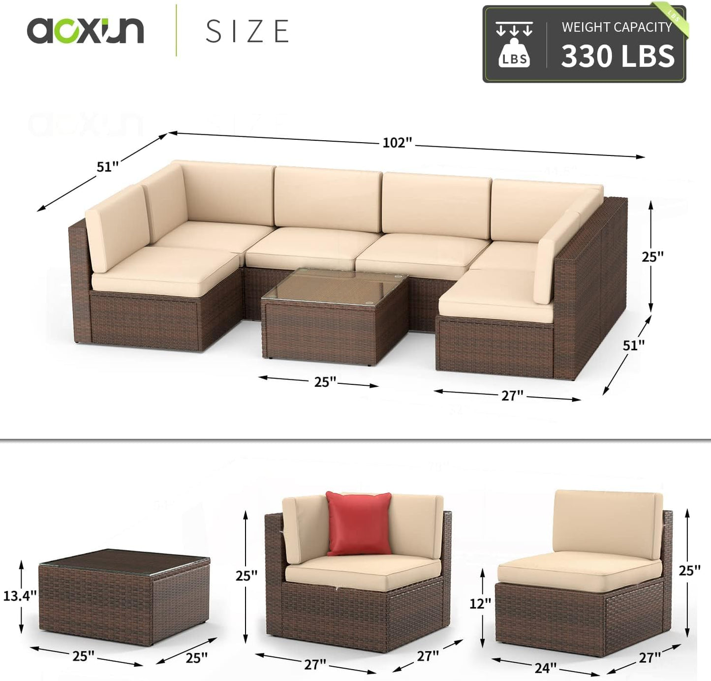 Aoxun Patio Furniture Sets 7PCS Outdoor Wicker Conversation Furniture Set with Glass Coffee Table for Children, Girls and People in Small Size (Brown) - WoodArtSupply