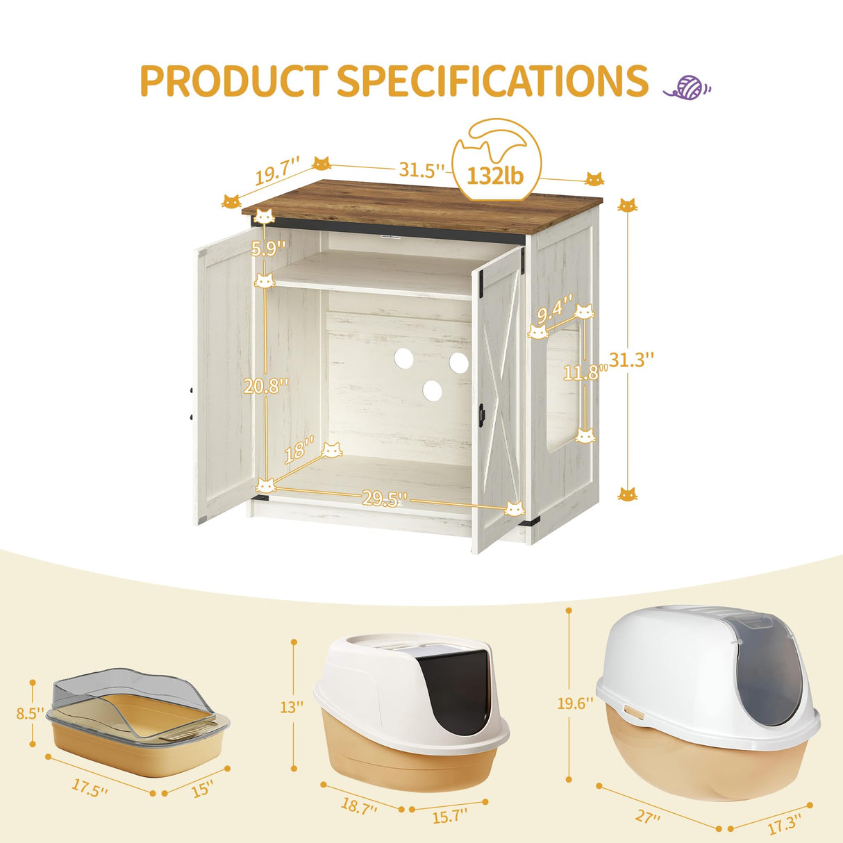 Hzuaneri Cat Litter Box Enclosure Enclosed, Hidden Litter Box Furniture Cabinet Large, Wooden Indoor Cat House with Adjustable Shelf for Top Entry Litter Box, Farmhouse Rustic Brown and White CB85414X Hzuaneri