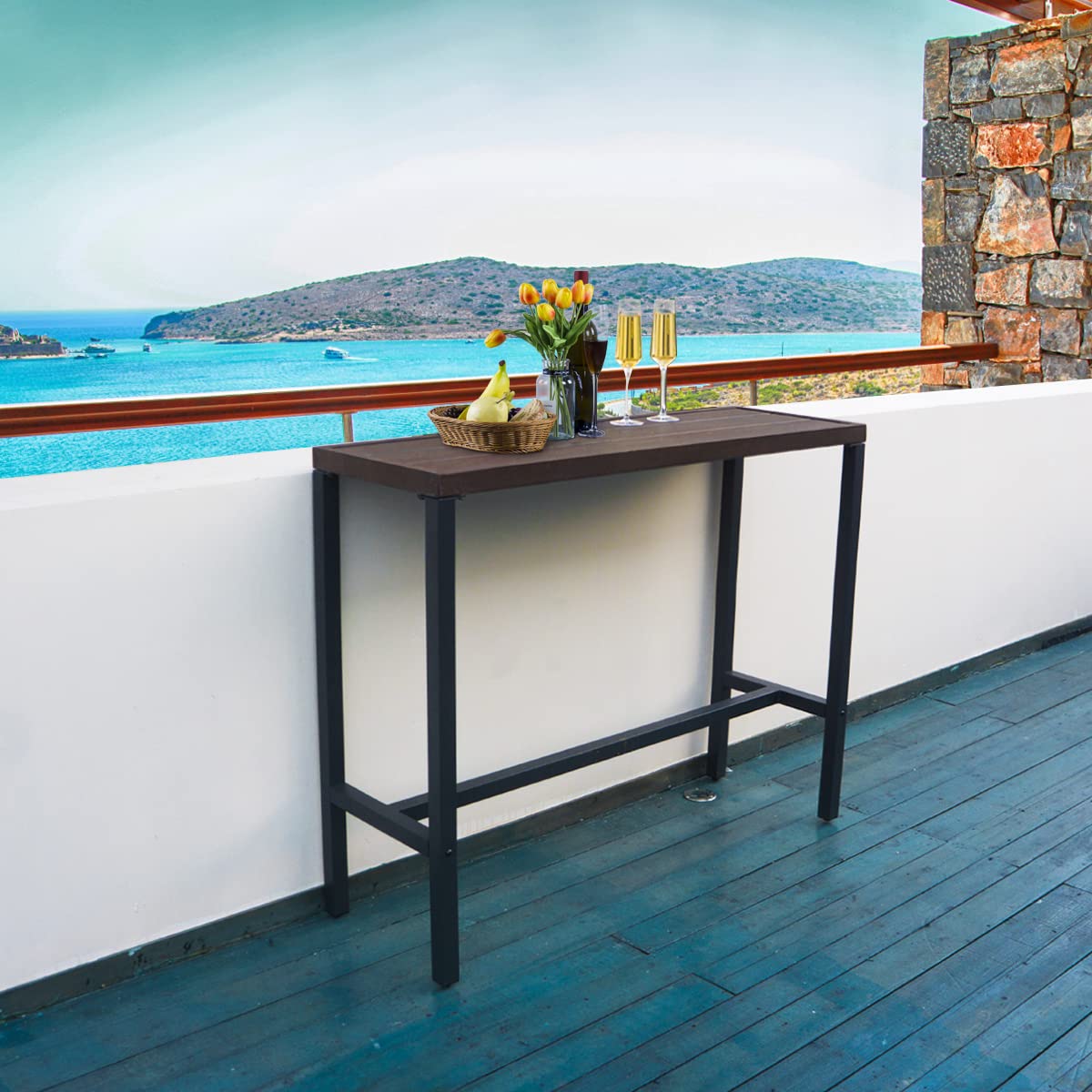 MEOOEM Outdoor Counter Height Bar Table with Wood-Like Metal Top for Patios and Gardens