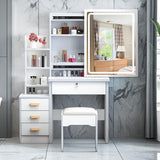 Leavader Vanity Desk Set with Lighted Mirror and Stool, Makeup Table with Sliding Led Lighted Mirror in 3 Colors, Makeup Desk with 4 Drawers & Shelves & Cushion Stool, Suitable for Home Apartment Leavader