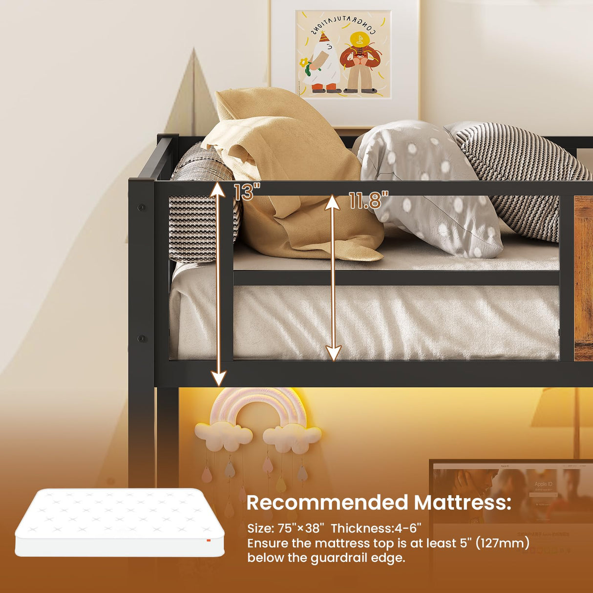 Itaar Stairway Twin Size Loft Bed with L Shaped Desk and Wardrobe, Metal Loft Bed Frame with Storage Stairs, 3 Fabric Drawers, LED Lights & Charging Sation, Rustic Brown Itaar