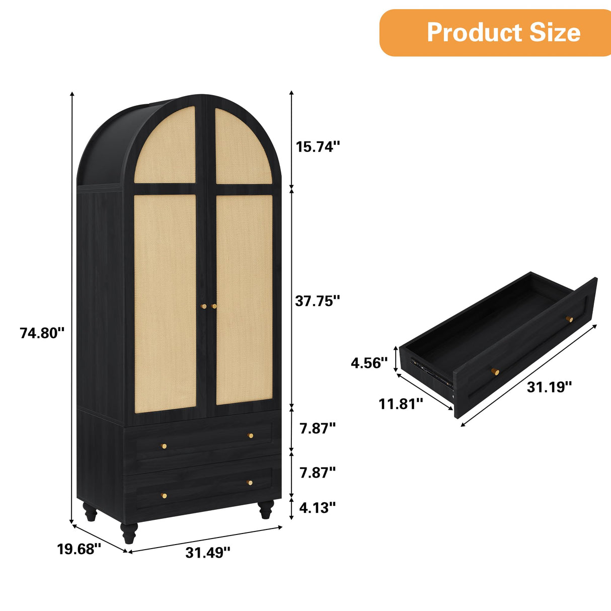 YUCHIATH Arched Armoire Wardrobe Closet with 2 Rattan Doors, Wooden Wardrobe Closet with 2 Drawers, 74.8 "H Bedroom Armoires with Hanging Rod (Black) YUCHIATH