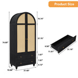 YUCHIATH Arched Armoire Wardrobe Closet with 2 Rattan Doors, Wooden Wardrobe Closet with 2 Drawers, 74.8 "H Bedroom Armoires with Hanging Rod (Black) YUCHIATH